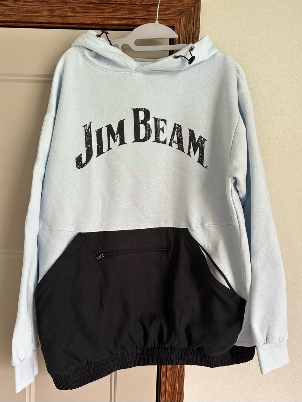 NWOT MV Sport Jim Beam Light Blue and Navy Pullover Hoodie size Large